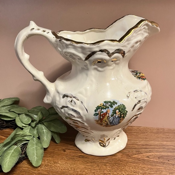 Antique George And Martha Porcelain Water Pitcher Courting Scene Gold Trim 1868 - Picture 2 of 10
